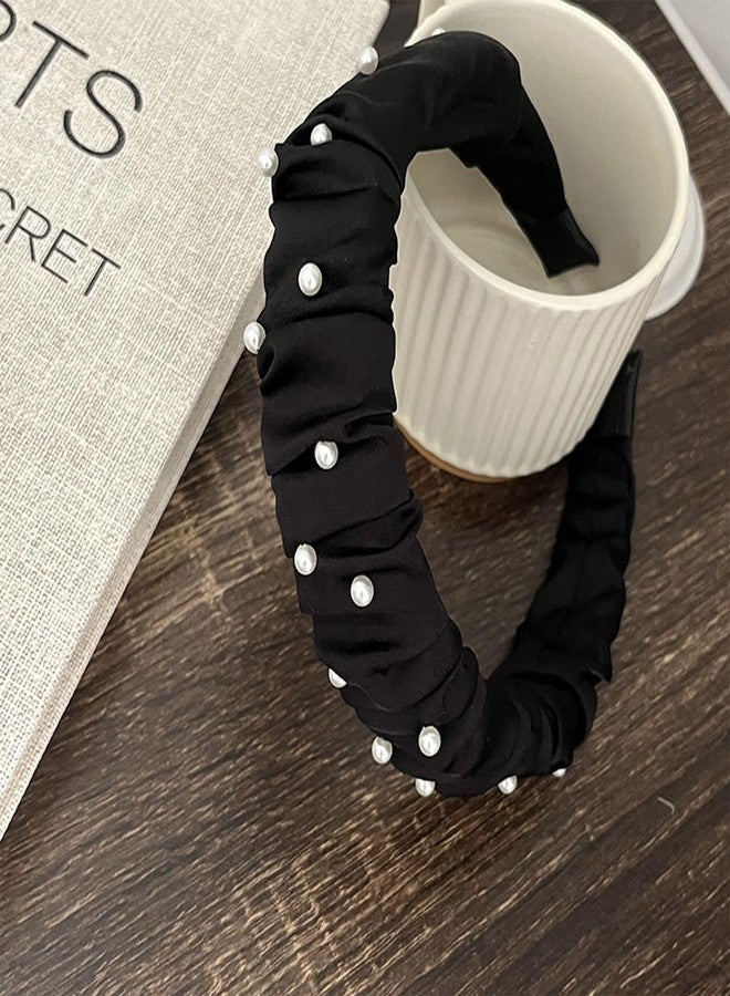 Ceoyiler Black Headband, Fashion Satin Pearl Headband for Women,Cute Vintage Designer Black Hair Accessories for Women and Girls - Image 3